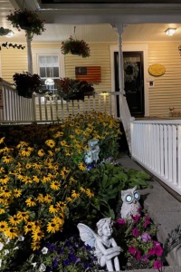 A view over the garden of the Main Entrance at night